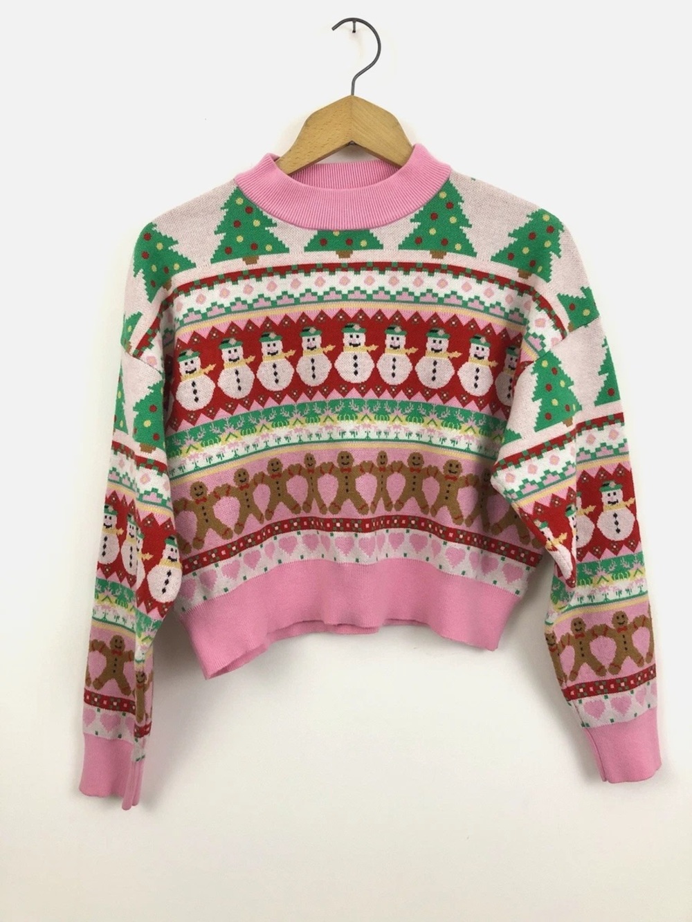 Forever 21 Pink Holiday Sweater with Snowman & Gingerbread Motif XL
